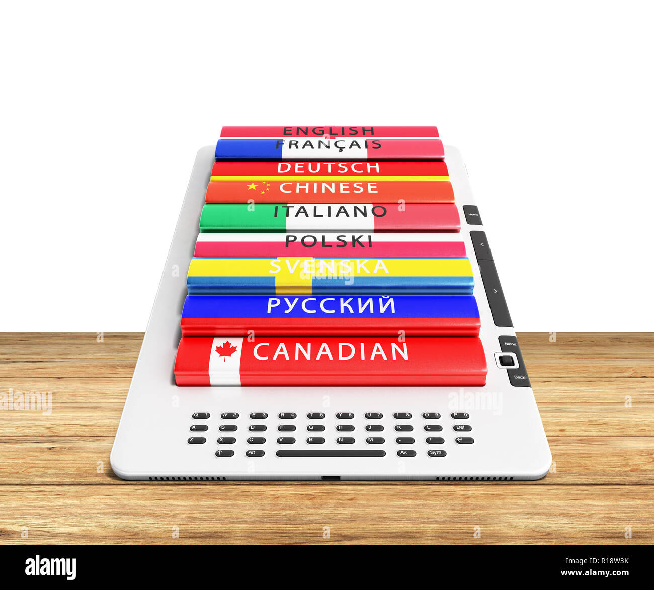 e-book learning languages 3d render on woodbacground Stock Photo - Alamy