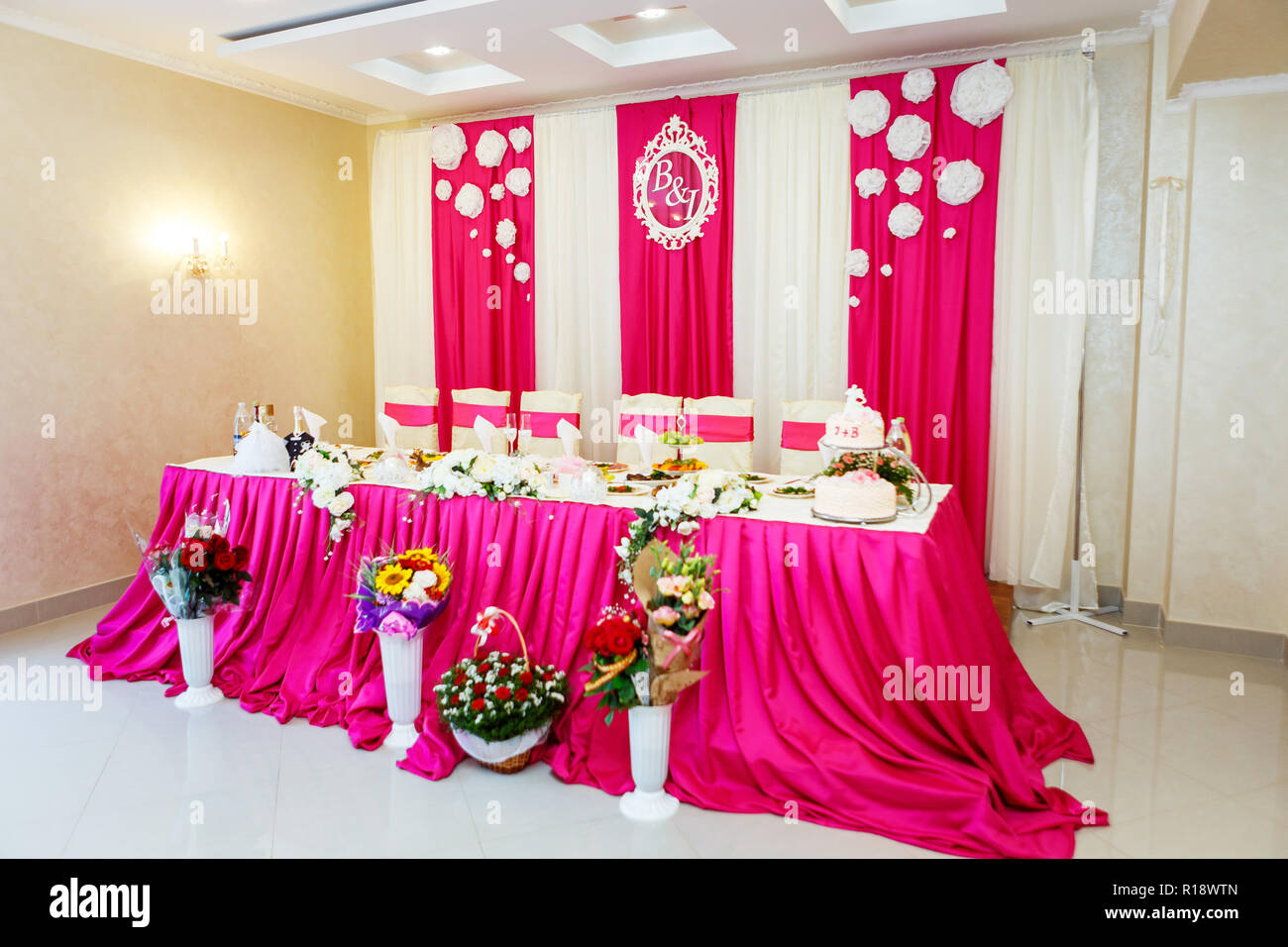 Banquet Hall At The Wedding Reception In Red White Color Stock
