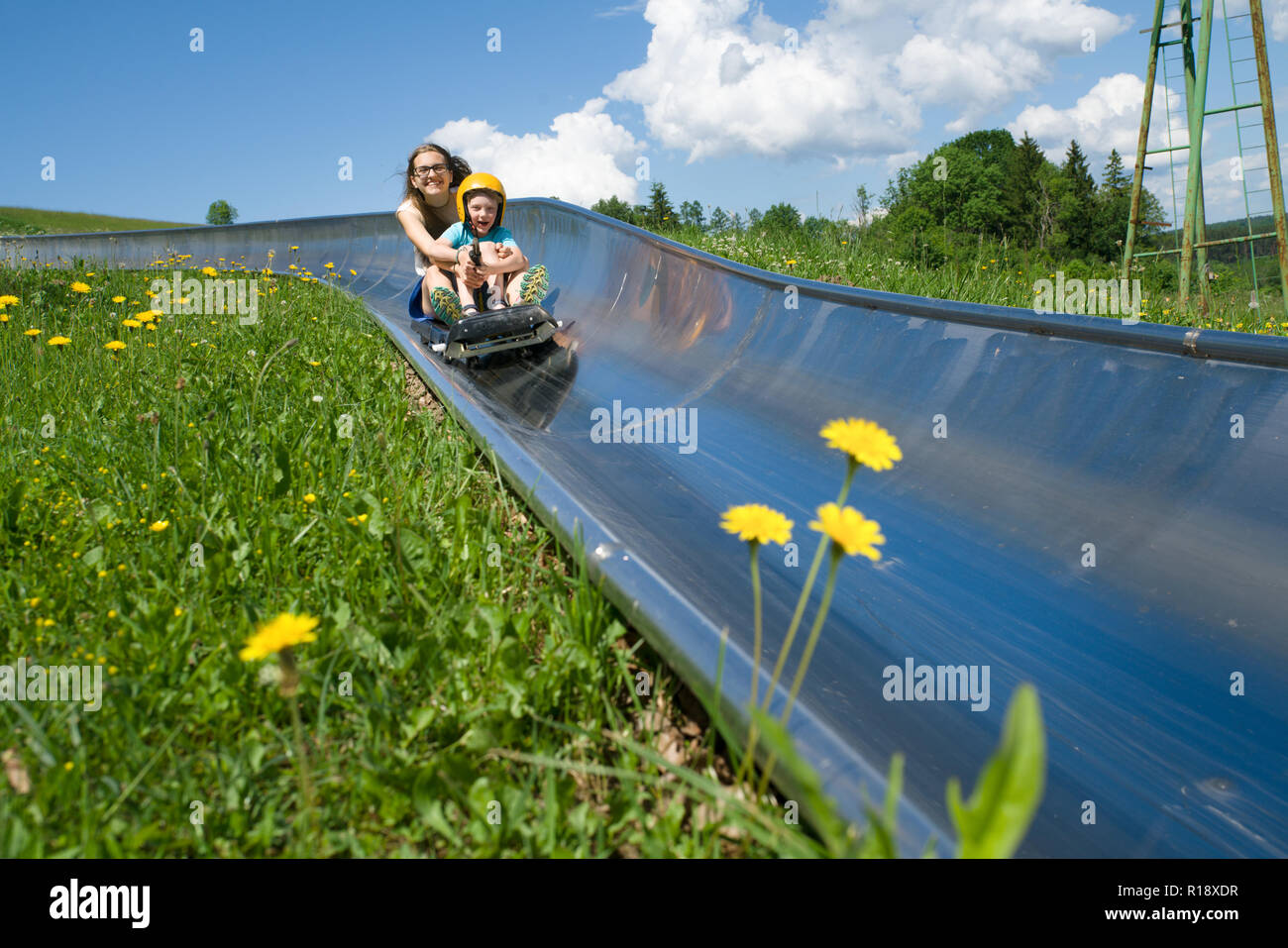 Children in alpine coaster having fun Stock Photo