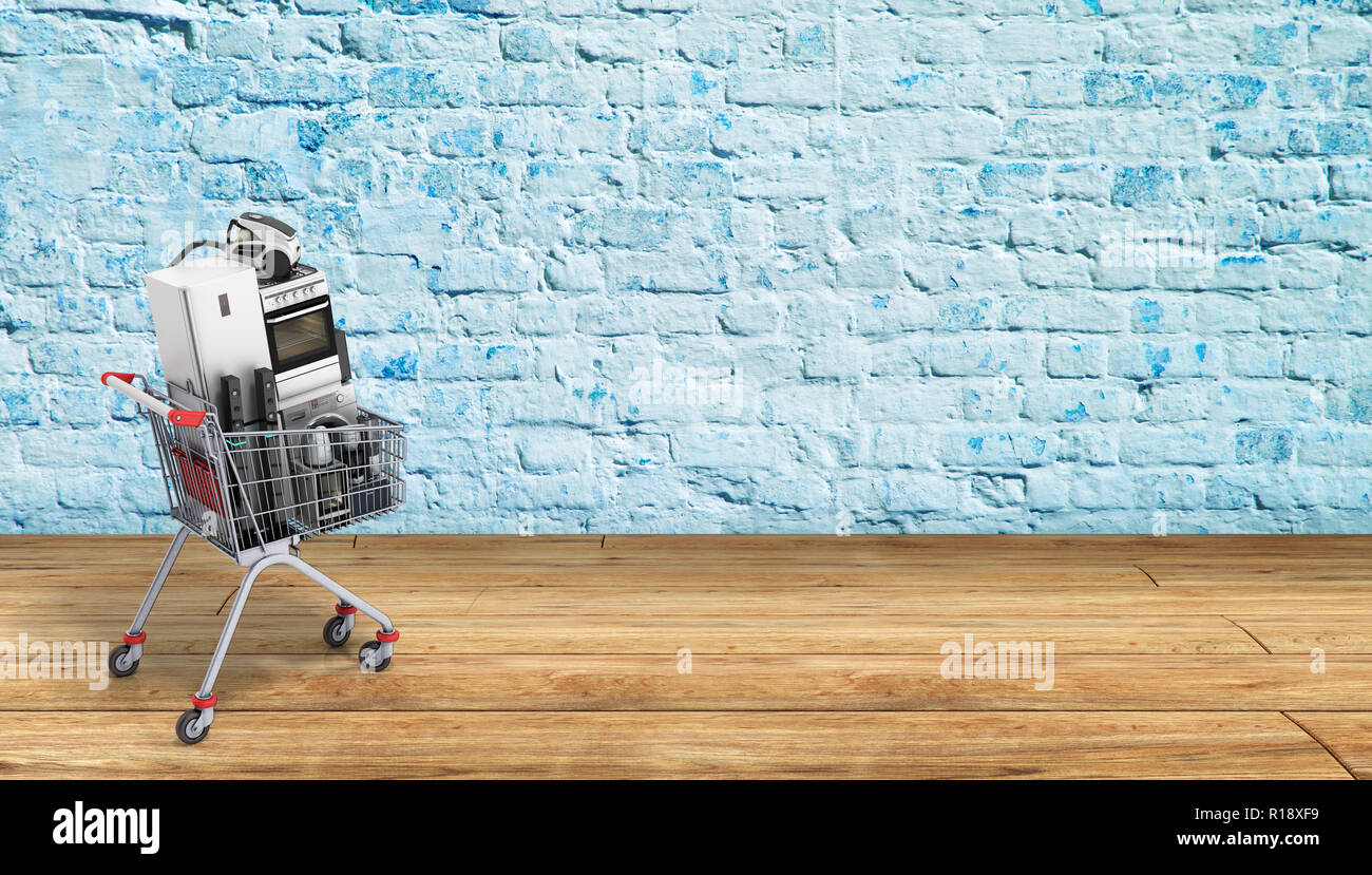 Home appliances in the shopping cart E-commerce or online shopping concept 3d render on wood Stock Photo