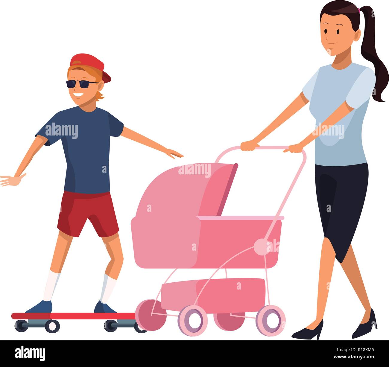 young mother with pink baby carriage and little boy cartoon vector illustration graphic design Stock Vector