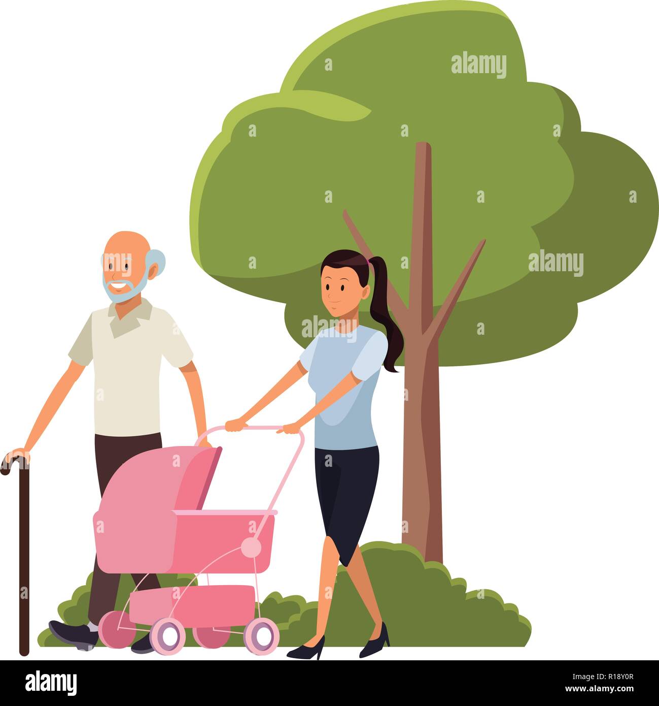 young mother with pink baby carriage and grandfather in front bush and tree cartoon vector illustration graphic design Stock Vector
