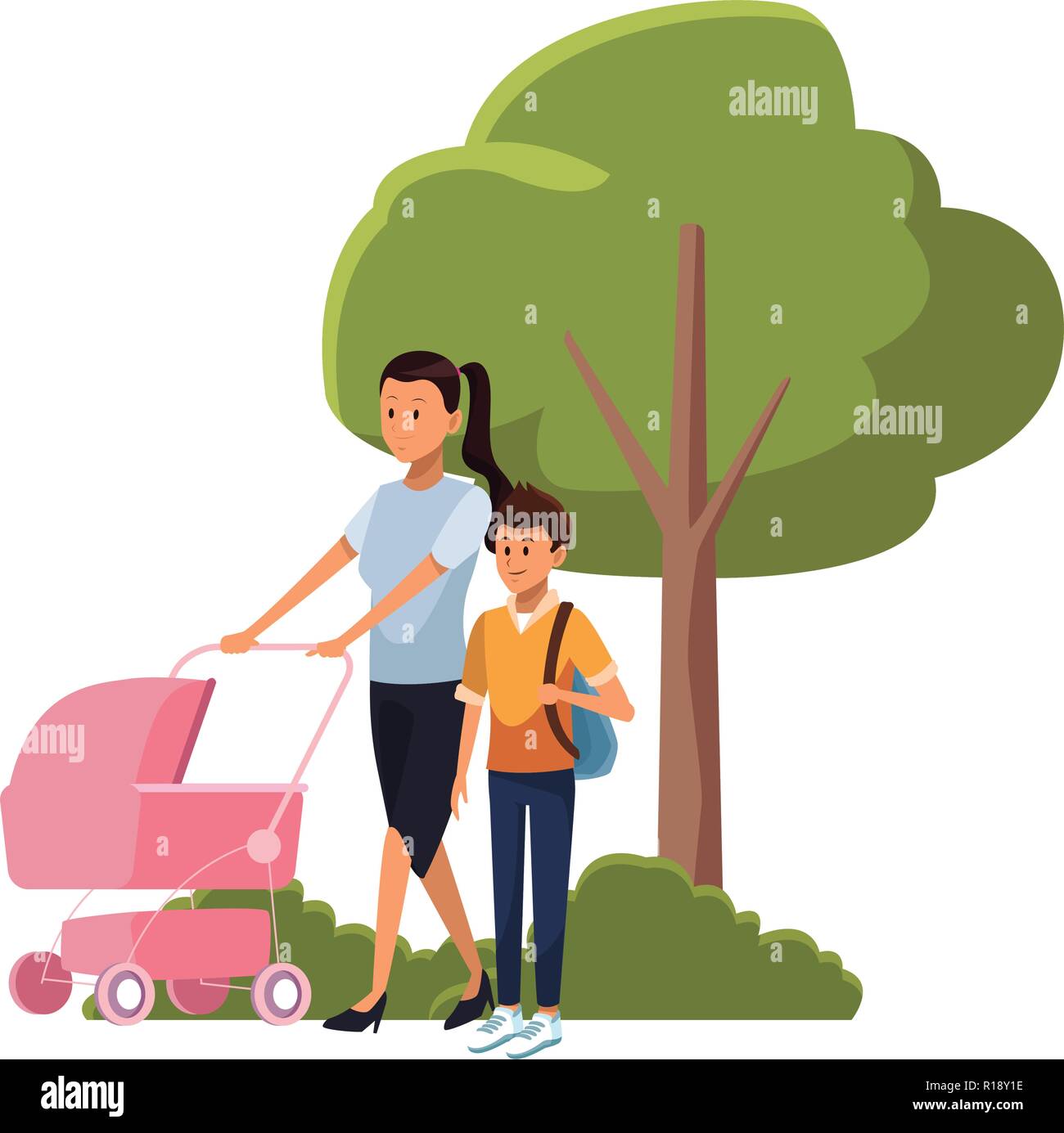 young mother with pink baby carriage and little boy in front bush and tree cartoon vector illustration graphic design Stock Vector