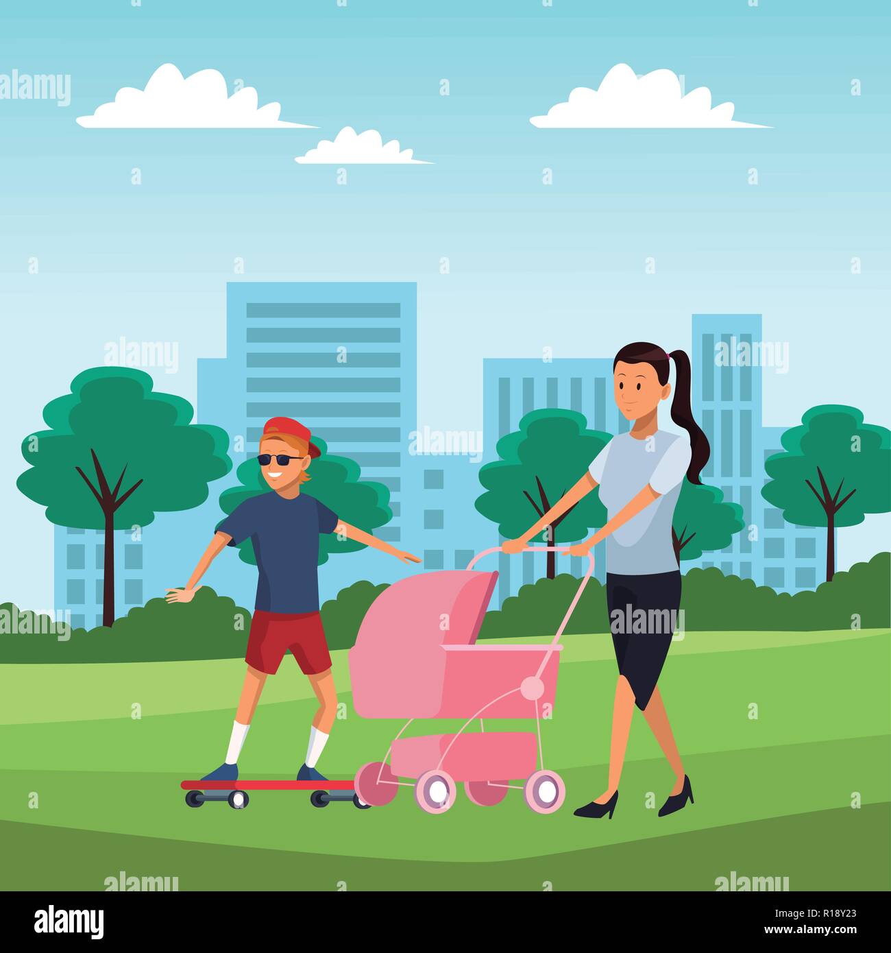 young mother with pink baby carriage and little boy over nature field in front city landscape cartoon vector illustration graphic design Stock Vector