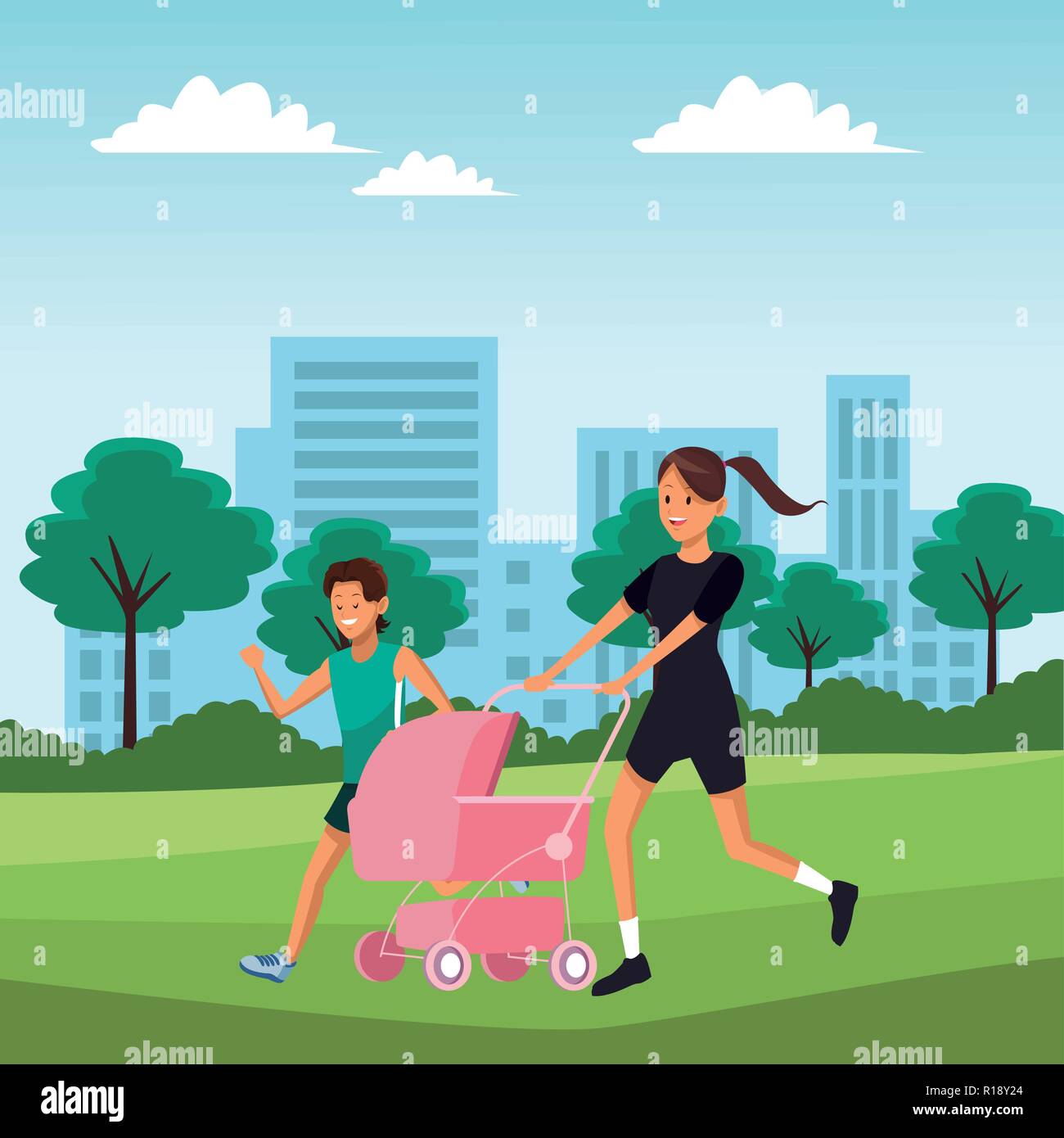 young mother with pink baby carriage and little boy running over nature field in front city landscape cartoon vector illustration graphic design Stock Vector