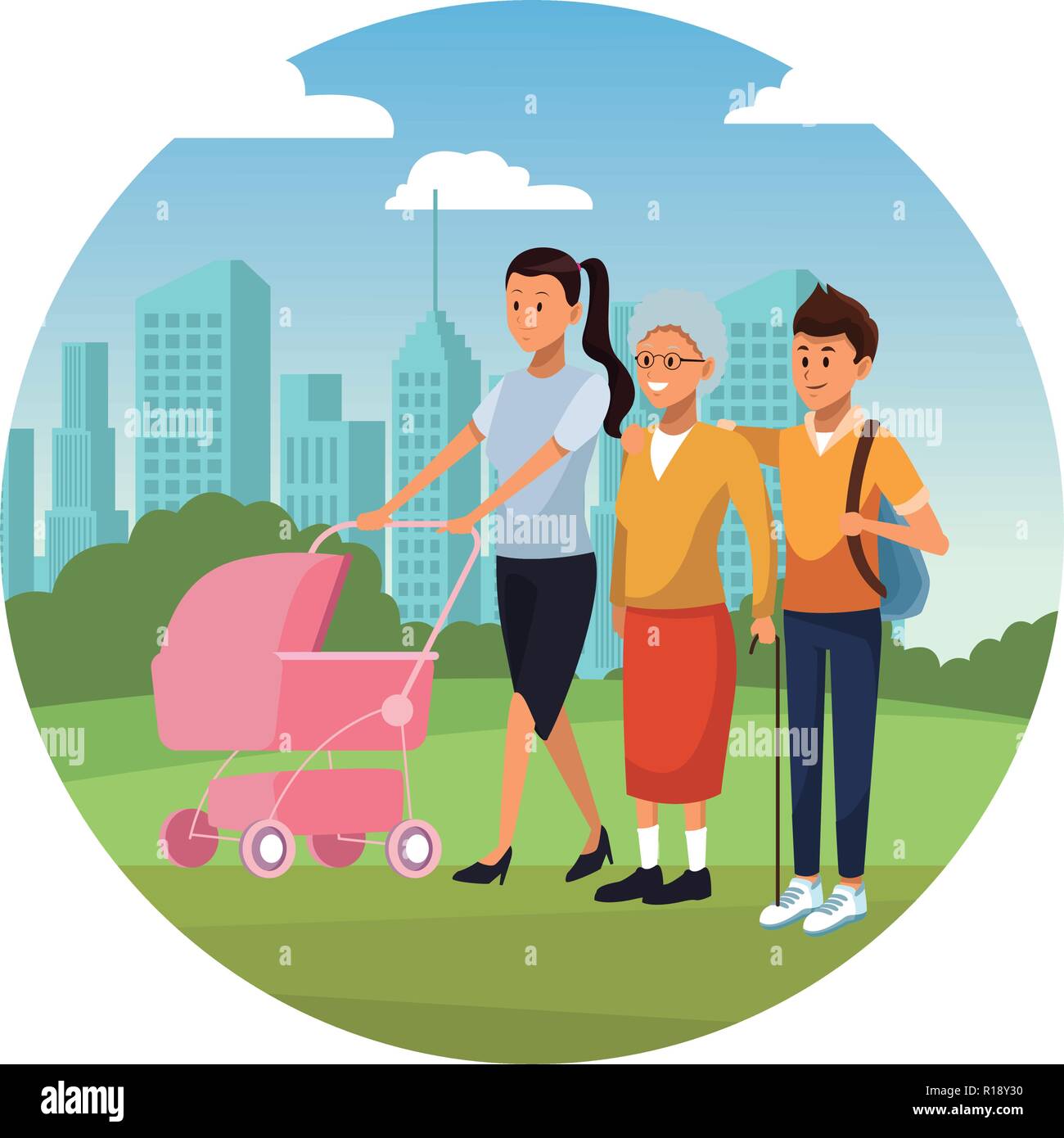 young mother with pink baby carriage and little boy with grandmother over nature field in front city landscape round icon cartoon vector illustration  Stock Vector