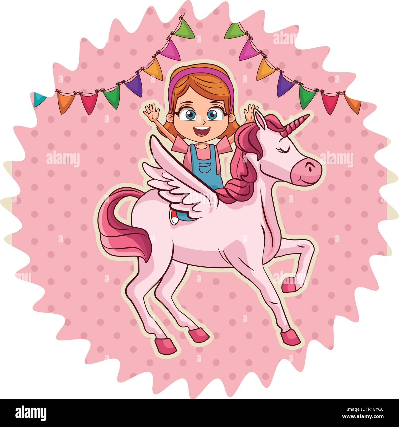 Girl riding unicorn cartoon over round label background vector ...