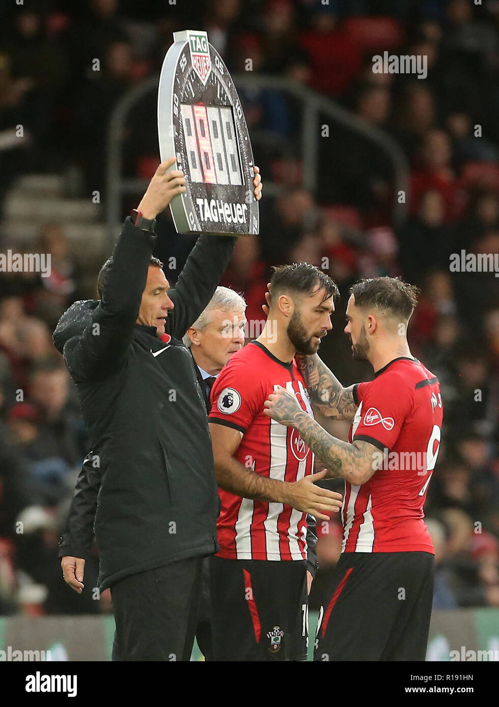 Southampton S Charlie Austin Left Is Substituted Onto The Pitch After Danny Ings Right Picks Up An Injury During The Premier League Match At St Mary S Stadium Southampton Stock Photo Alamy