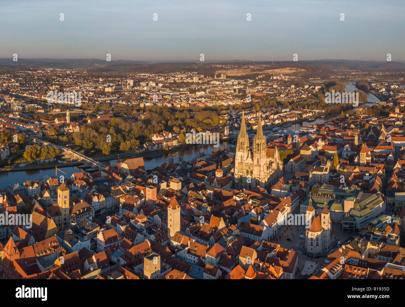 Aerial view of the medieval center of Regensburg Stock Photo
