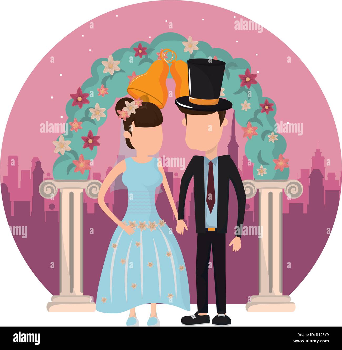 couple getting married with purple city background cartoon vector illustration graphic design Stock Vector