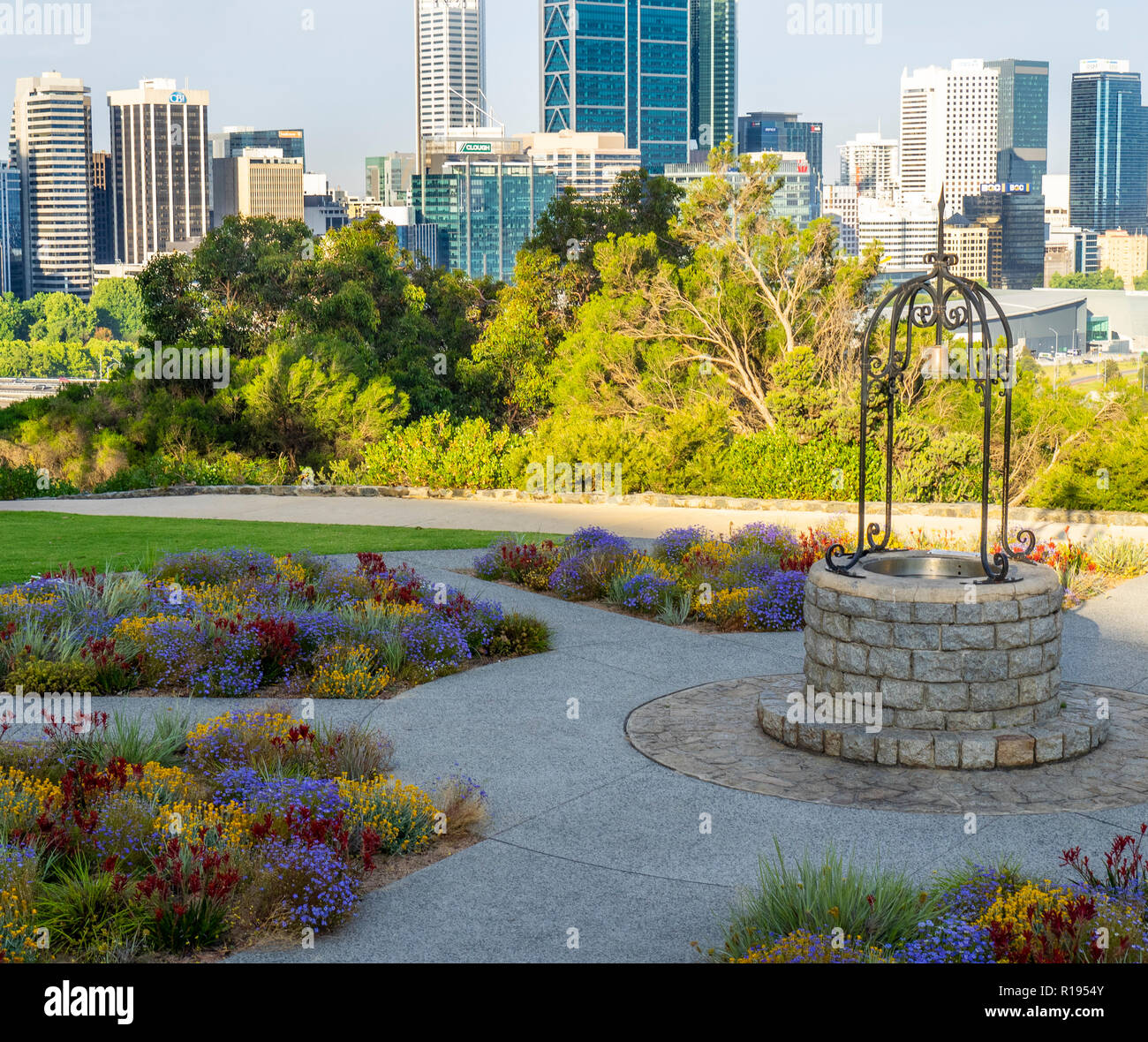Rotary wishing well set in a garden of wild flowers Kings Park Perth Western Australia Stock Photo
