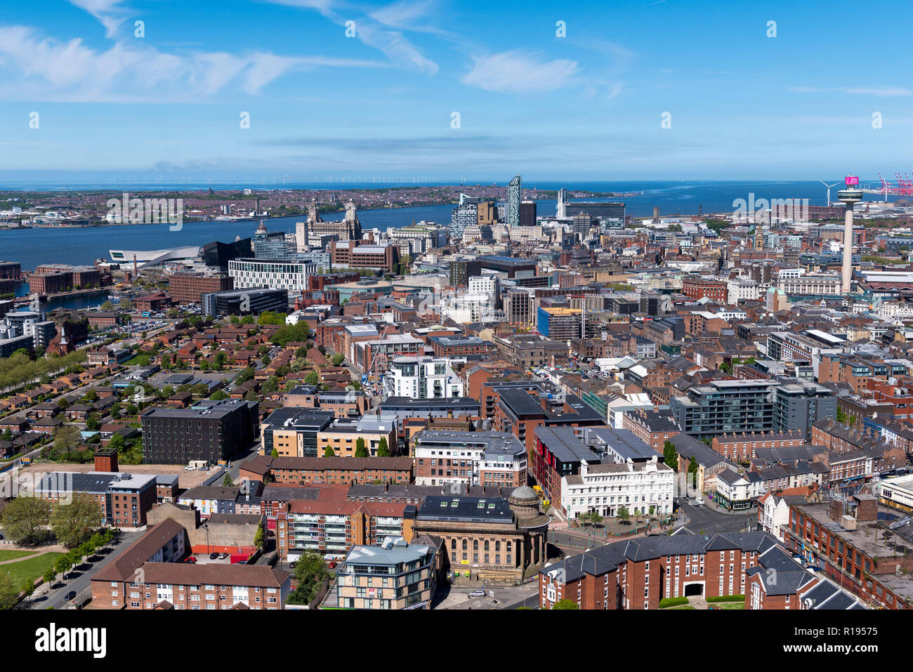View of Liverpool City Centre skyline looking towards the River Mersey, Wirral, and Crosby in the distance Stock Photo