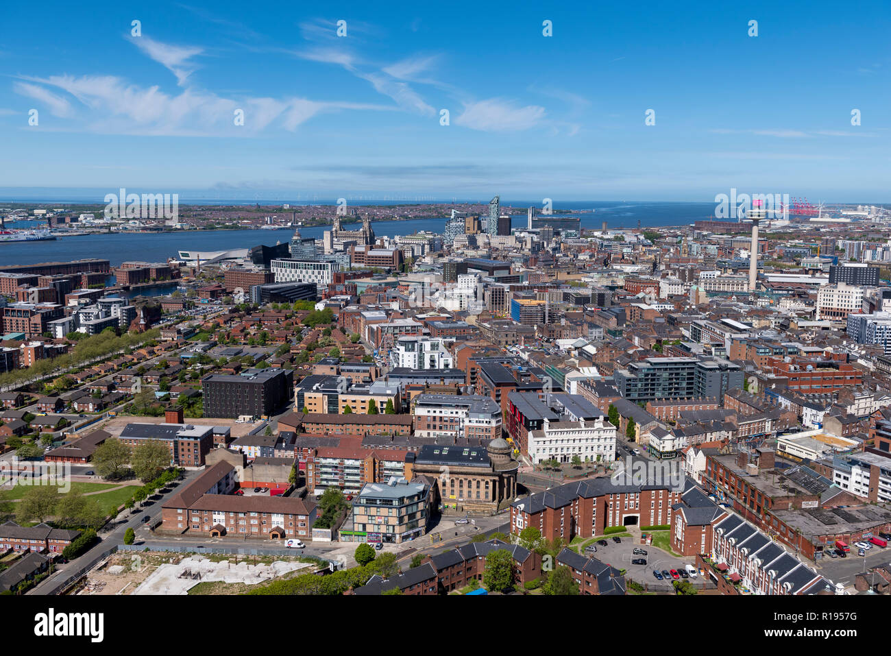 View of Liverpool City Centre skyline looking towards the River Mersey, Wirral, and Crosby in the distance Stock Photo