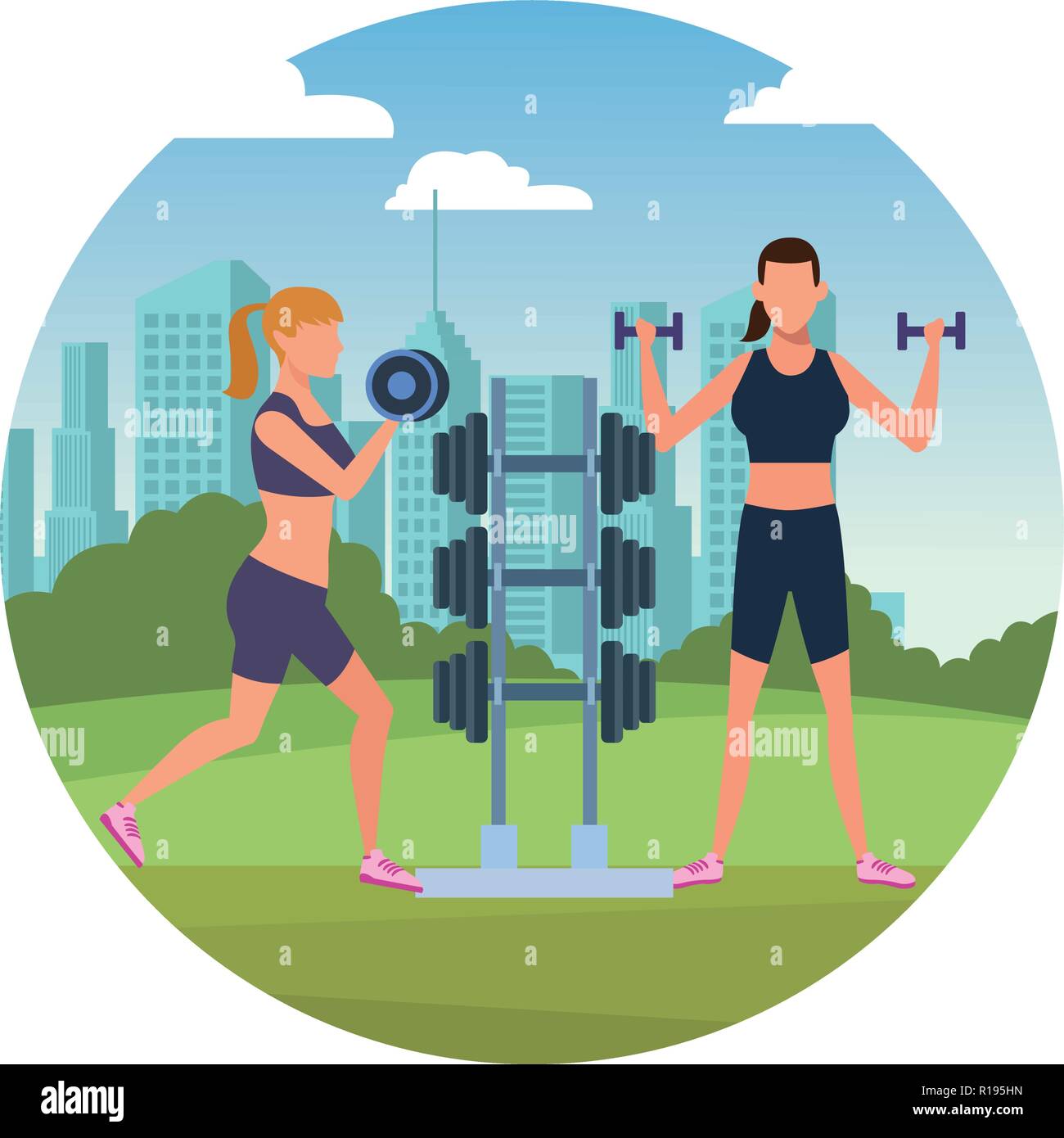 Fitness people training at city park scenery round icon vector ...