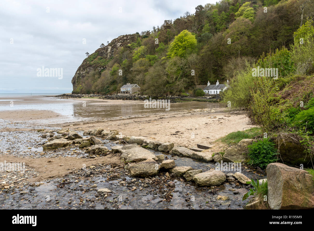 Cottages On The Beach At Llanbedrog Gwynedd North Wales Stock