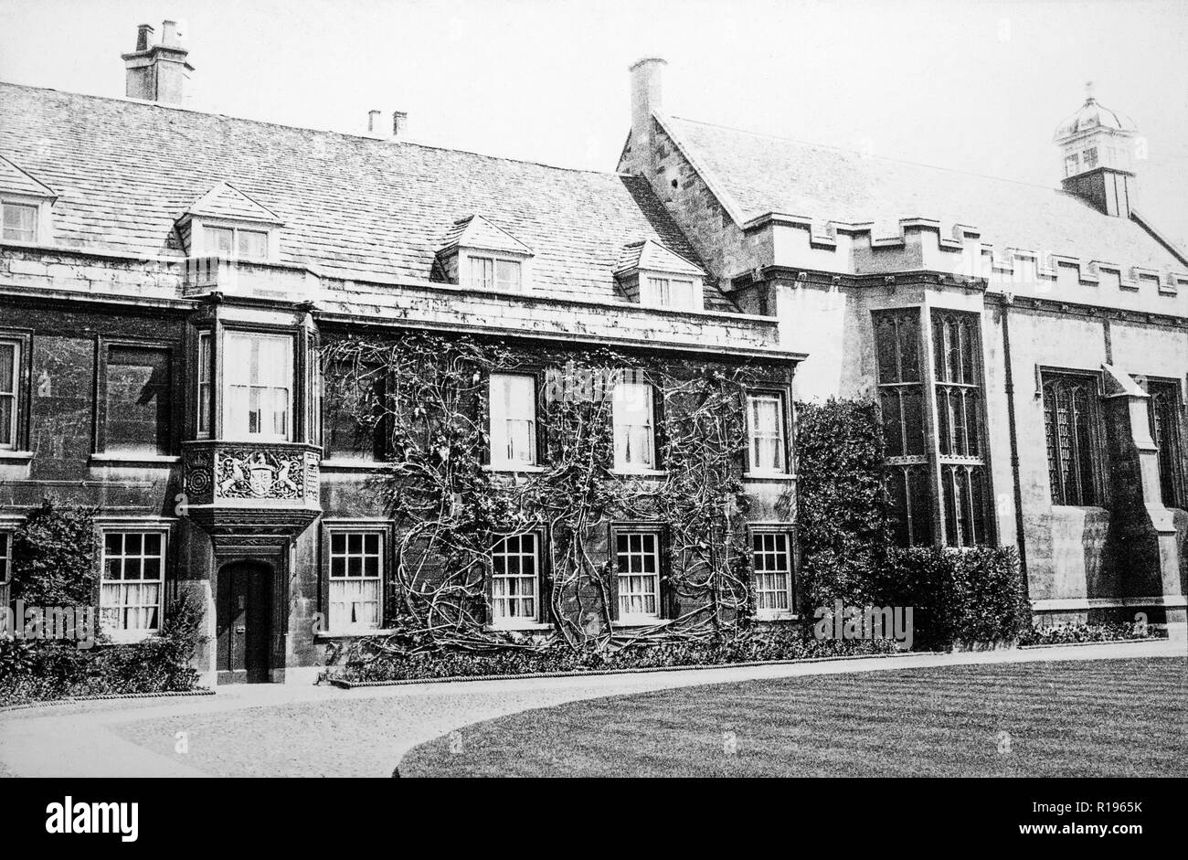A vintage black and white photograph, taken in May 1924, showing the Lodge at Christ's College, Cambridge University, England. Stock Photo