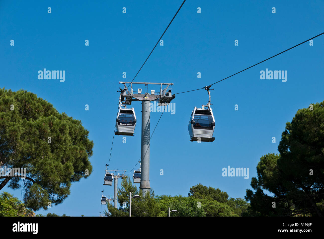 People travelling by the cable cars to the Montjuïc Castle, Barcelona ...