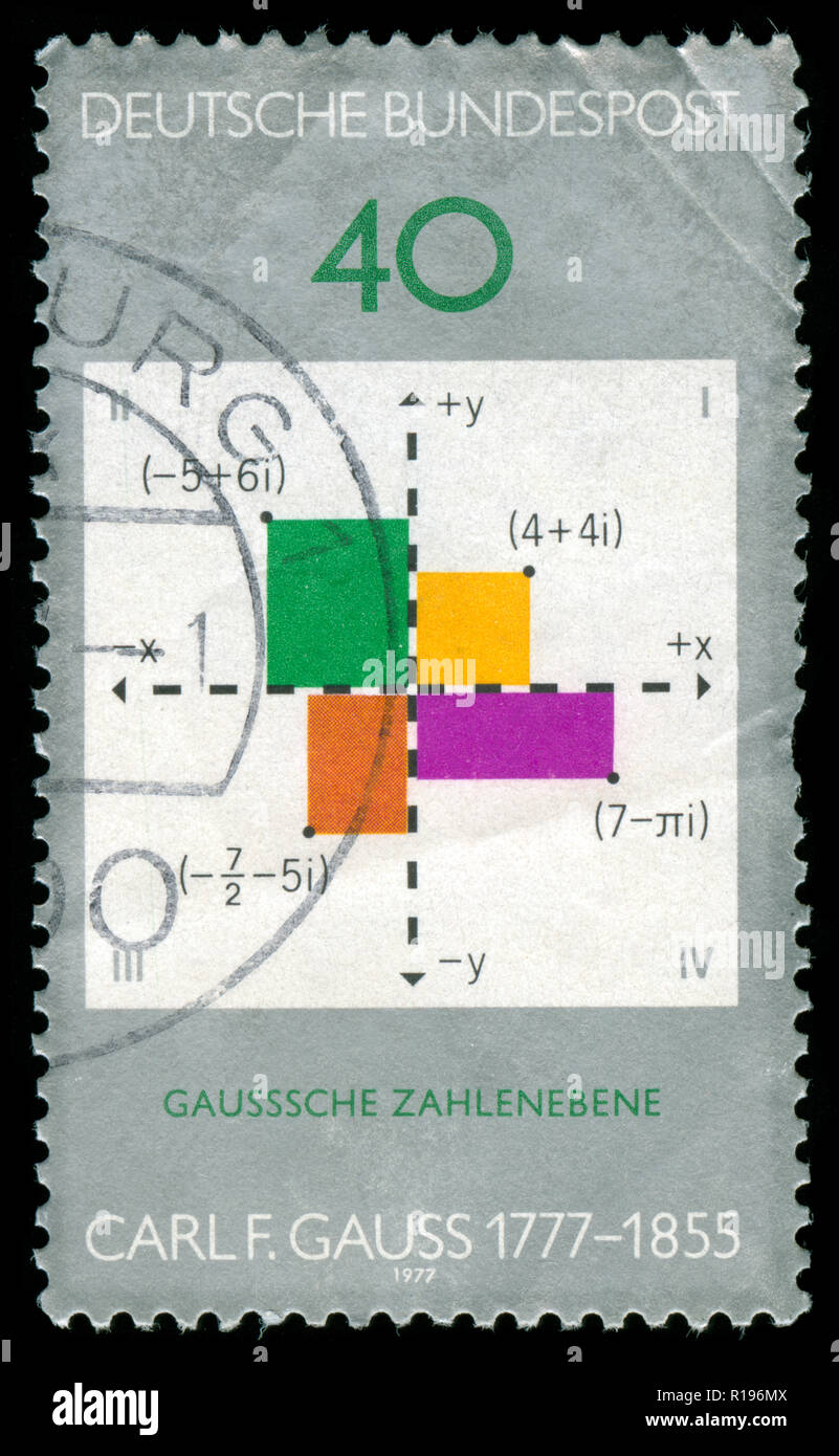 Postmarked stamp from the Federal Republic of Germany in the Gauss - Carl Friederich, mathematician series issued in 1977 Stock Photo