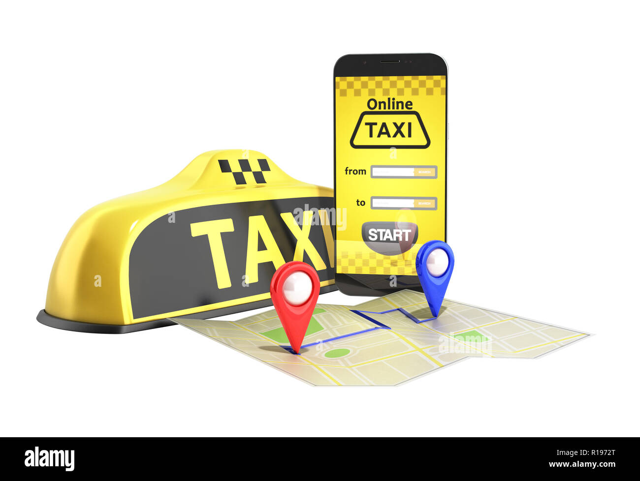 Ordering a taxi cab online internet service transportation concept navigation pin pointer with checker pattern and yellow taxi and phone 3d render on  Stock Photo