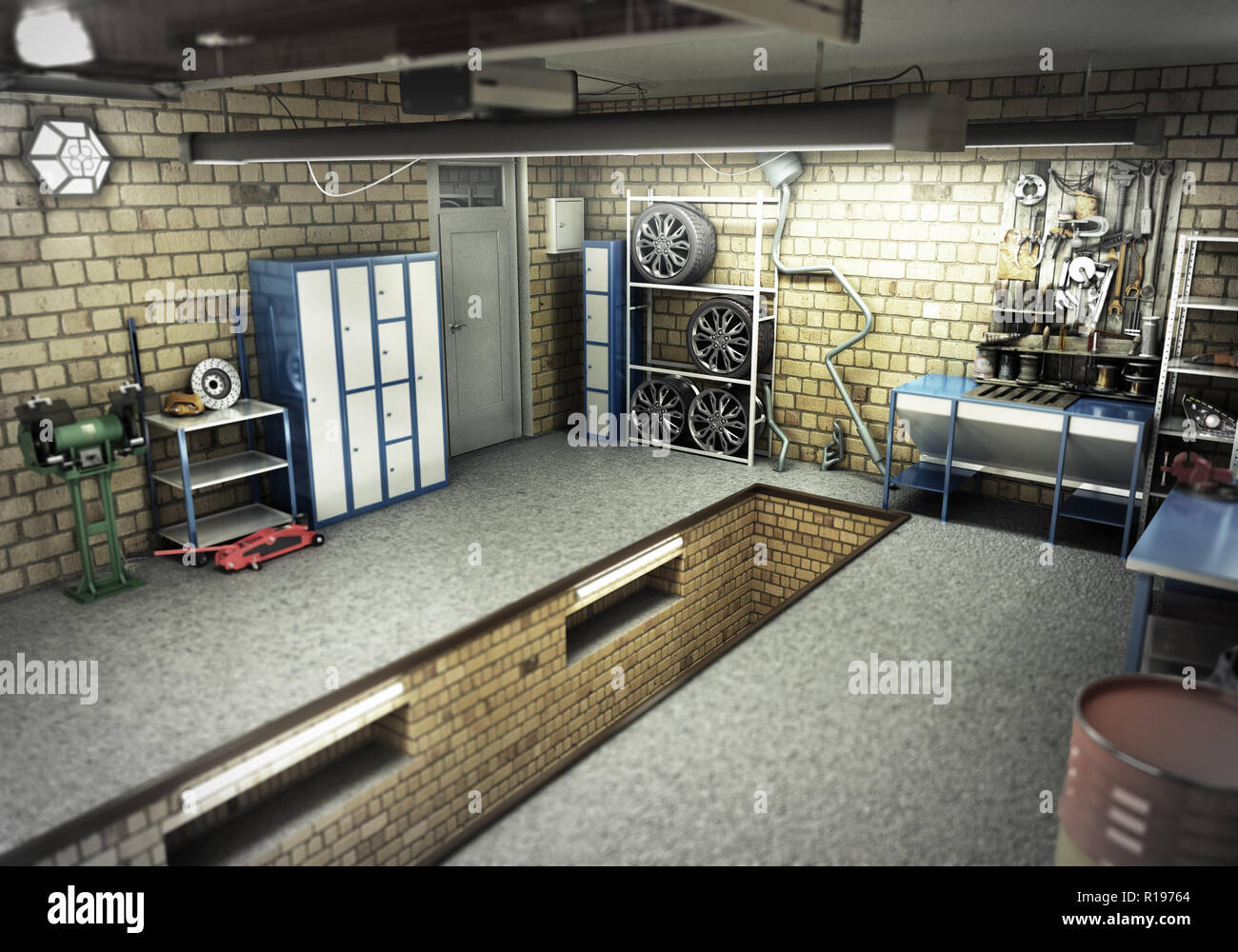 View of a Garage 3D Interior 3D Rendering Stock Photo