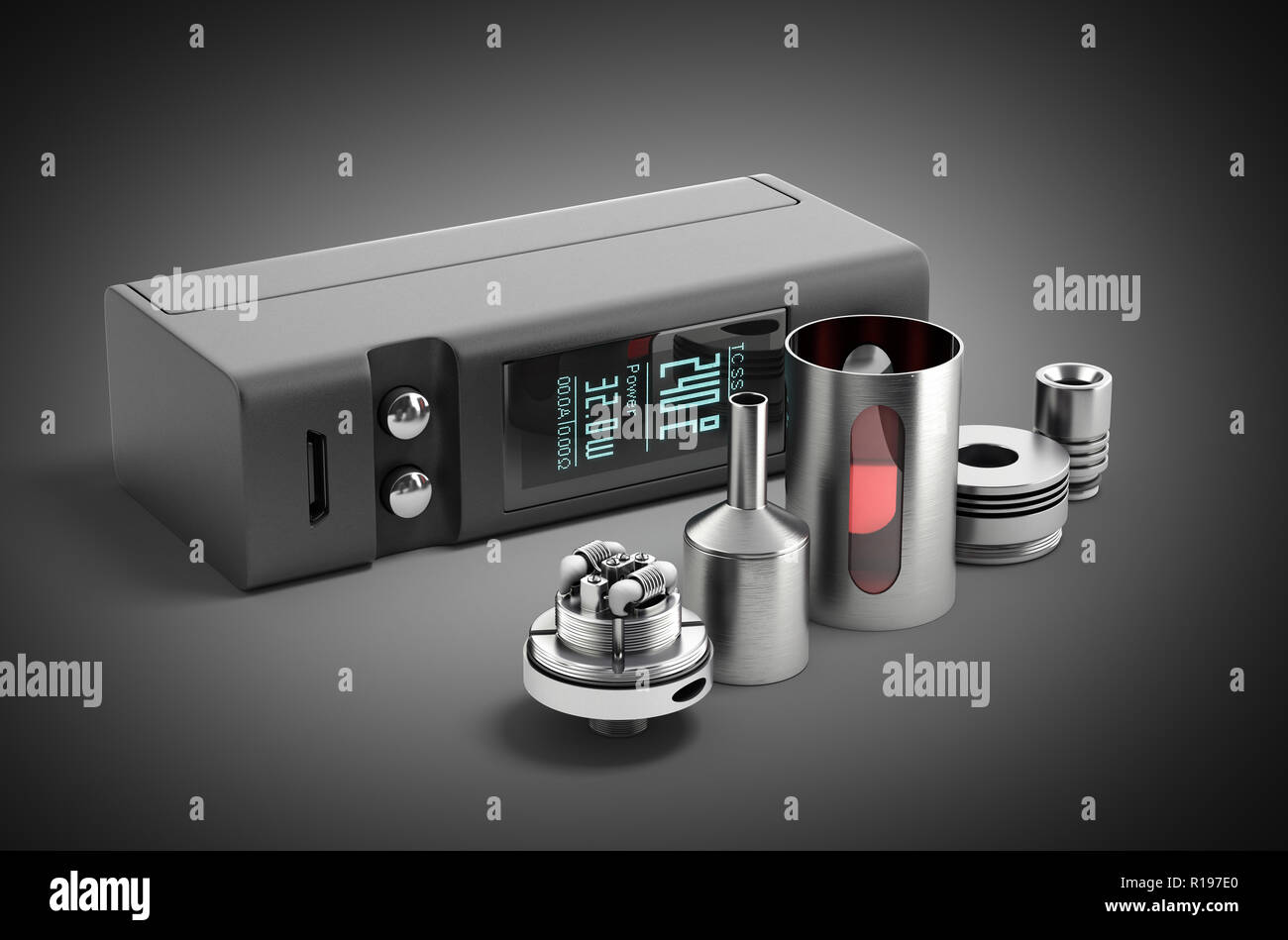 Electronic cigaretts Device box mod to smokeless smoking 3d render on