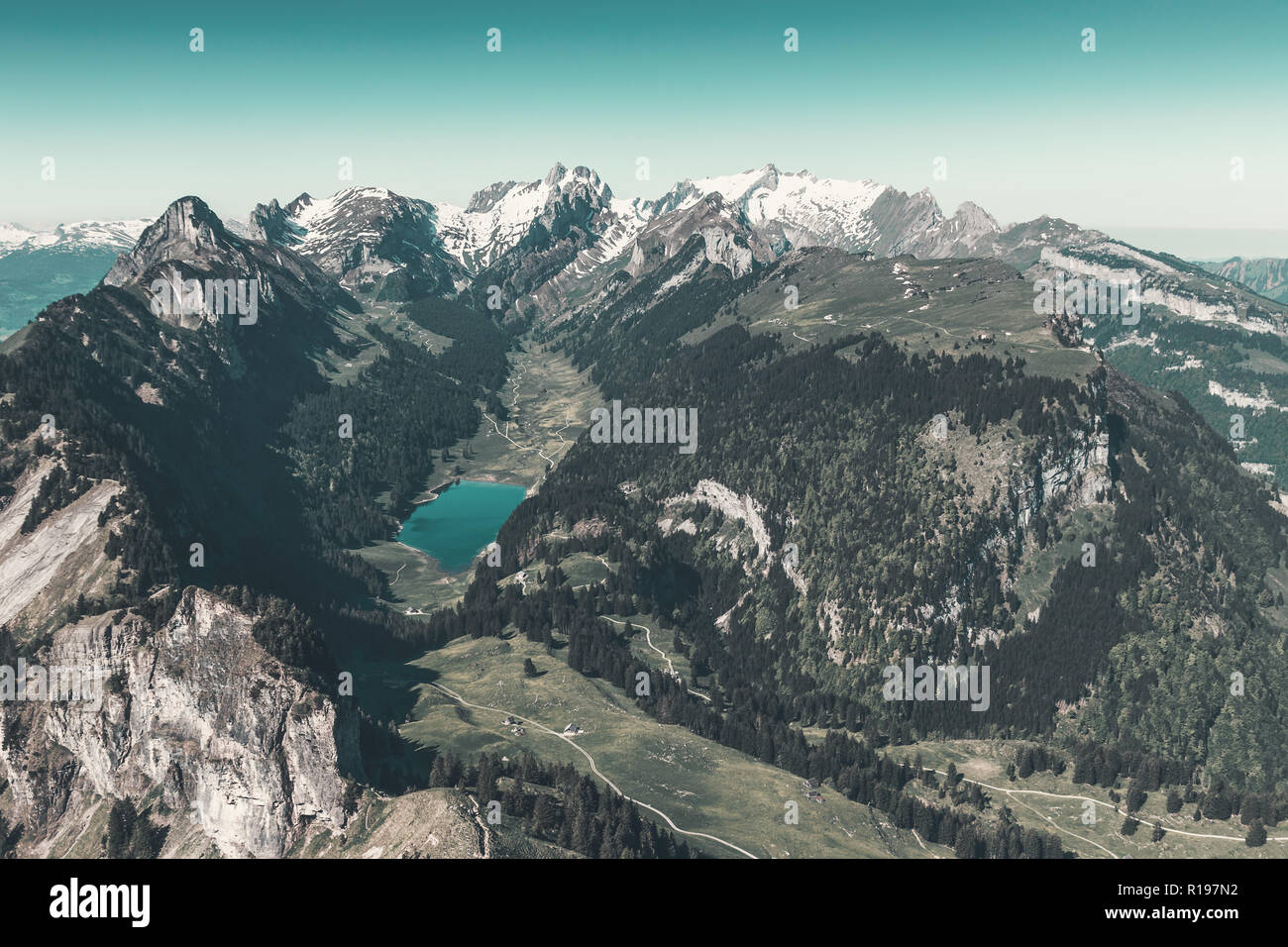 Panorama view of Alpstein mountain with lake of Seealp. Canton of Appenzellerland, Switzerland Stock Photo