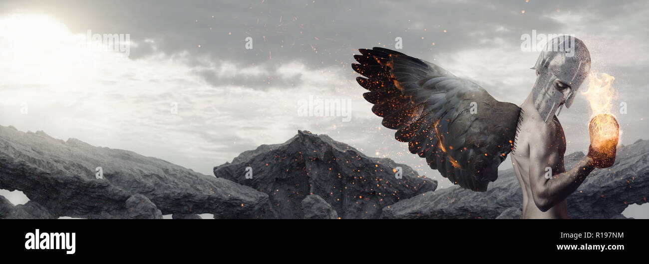 muscular knight with wings in fire lifting burning dumbbell in front of cliffs Stock Photo