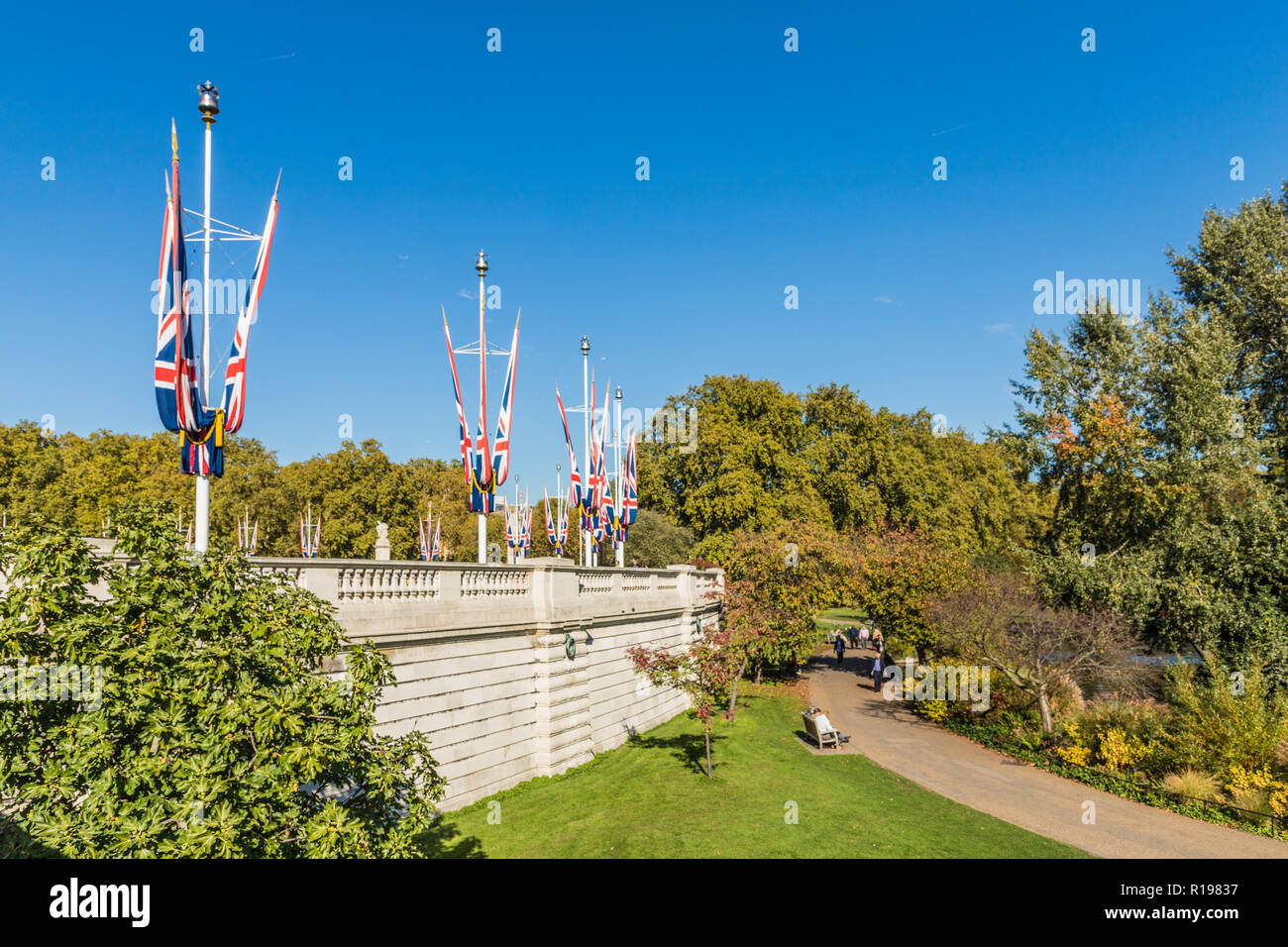 London. November 2018. A view of Union Jack flags around Buckingham palace in London Stock Photo