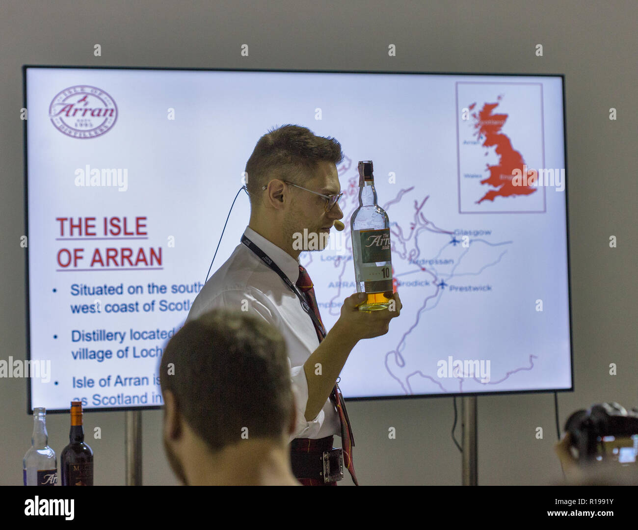 KIEV, UKRAINE - OCTOBER 20, 2018: Andrew Bell presents The Arran Scottish single malt whisky at 4th Ukrainian Whisky Dram Festival organized by Good W Stock Photo