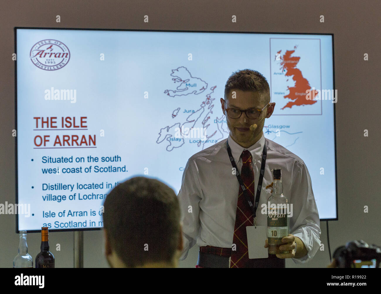 KIEV, UKRAINE - OCTOBER 20, 2018: Andrew Bell presents The Arran Scottish single malt whisky at 4th Ukrainian Whisky Dram Festival organized by Good W Stock Photo