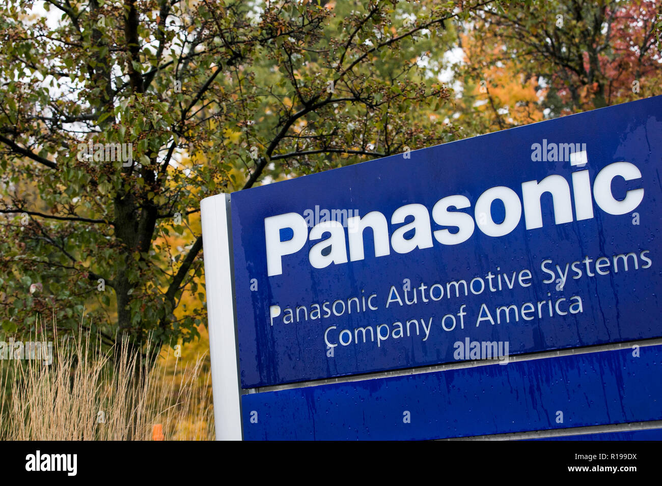 A logo sign outside of a facility occupied by Panasonic Automotive Systems Company of America in Farmington Hills, Michigan, on October 27, 2018. Stock Photo