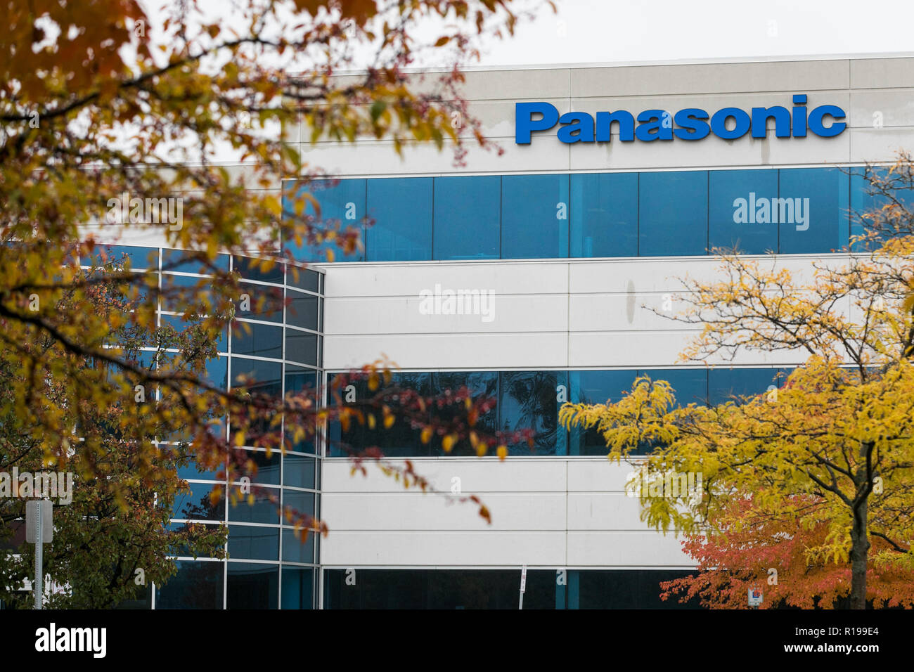 A logo sign outside of a facility occupied by Panasonic Automotive Systems Company of America in Farmington Hills, Michigan, on October 27, 2018. Stock Photo