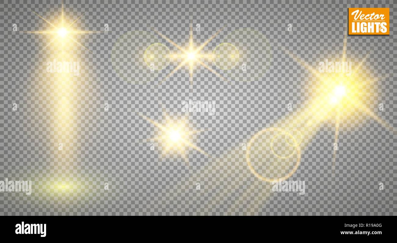Light effects. A set of golden shining lights isolated on a transparent background. The flash flashes with rays and a searchlight. A splash of stars with sparkles Stock Vector