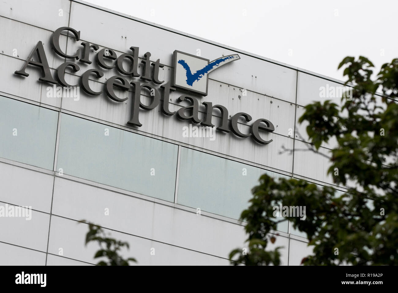 A logo sign outside of the headquarters of the Credit Acceptance Corporation in Southfield, Michigan on October 27, 2018. Stock Photo