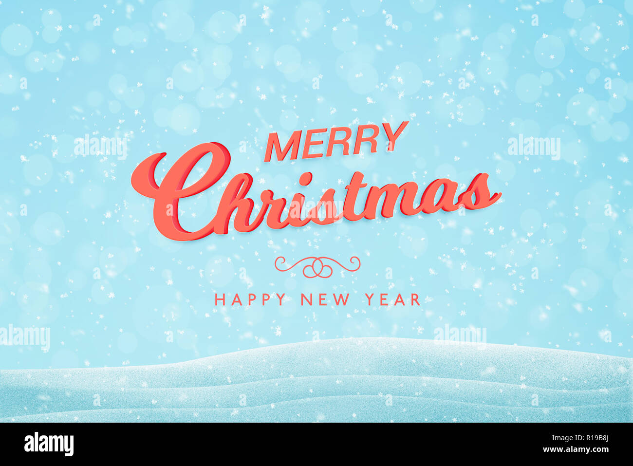 Merry Christmas greeting text on blue background with snowflakes, light ...