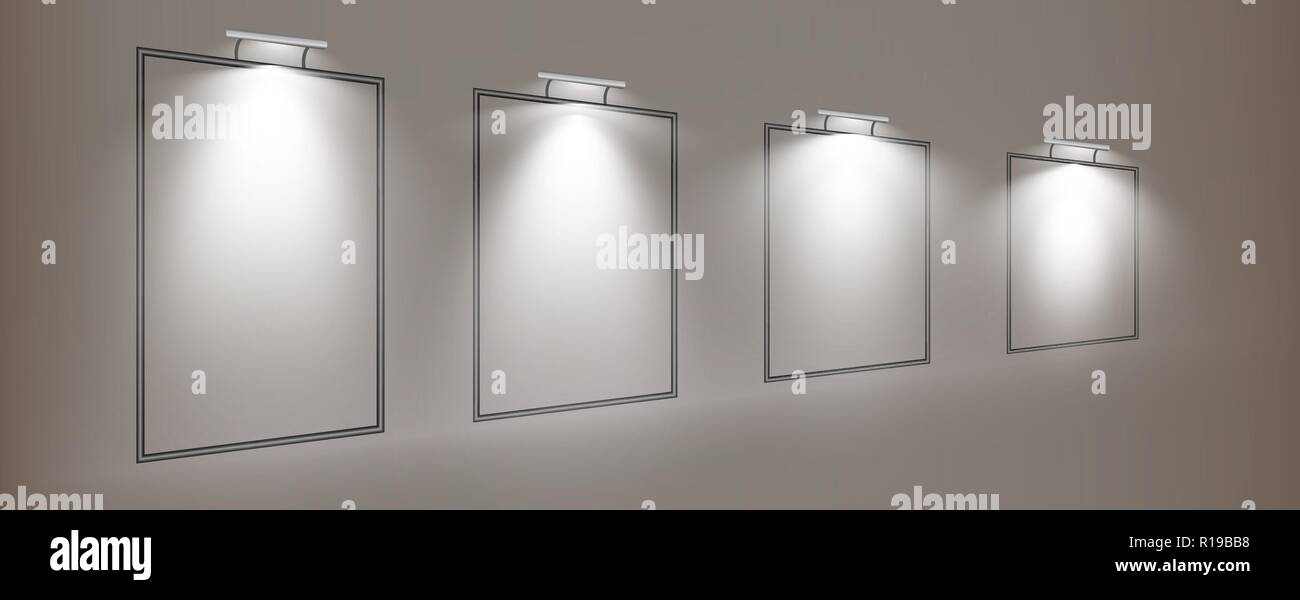 A set of frames weighing on the wall. Frame for the image, rectangular, rectangular frame and the lamp on the wall, vector illustration Stock Vector