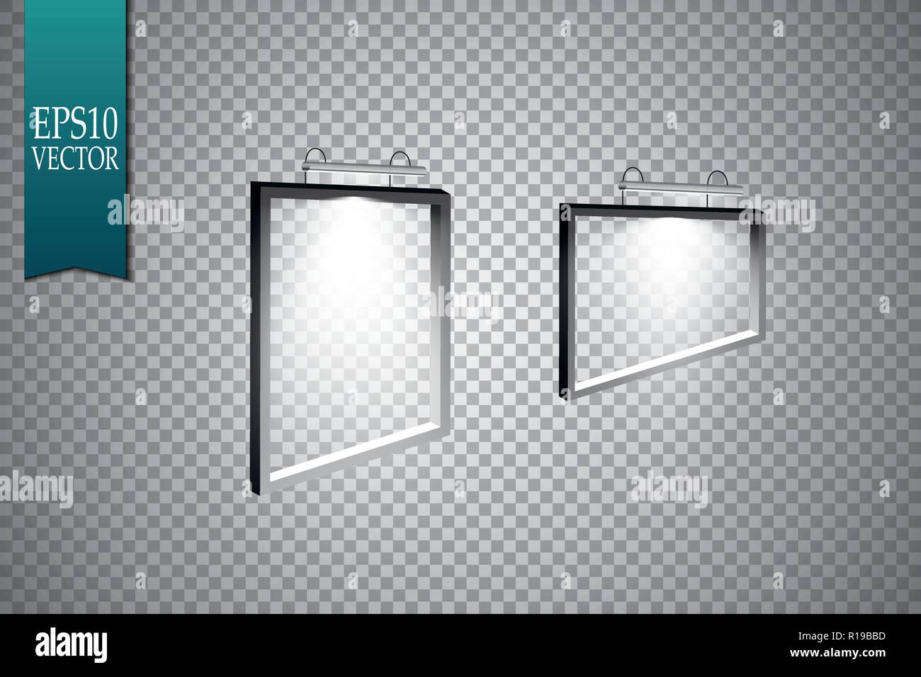 A set of frames weighing on the wall. Frame for the image, rectangular, rectangular frame and the lamp on the wall, vector illustration Stock Vector