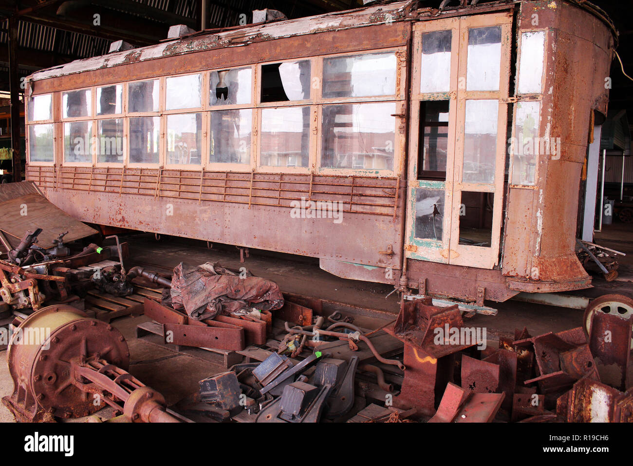 Deconstructed historic railroad car with rusty parts at Georgia State Railroad Museum in Savannah, GA Stock Photo
