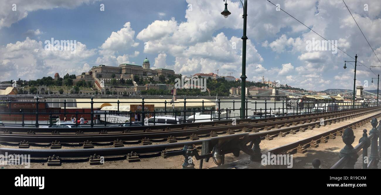 Panoramic View of Buda Castle and the River at Budapest, Hungary Stock Photo