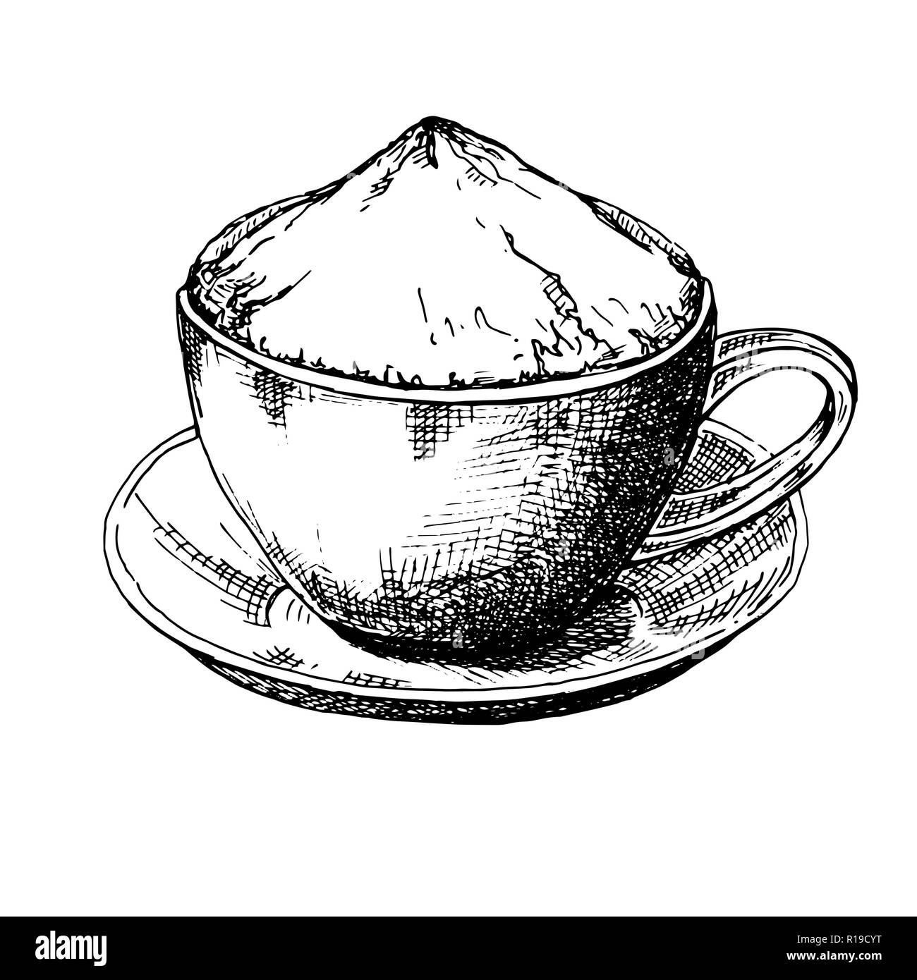 Sketch of a cup of coffee on a saucer. Vector illustration of a sketch