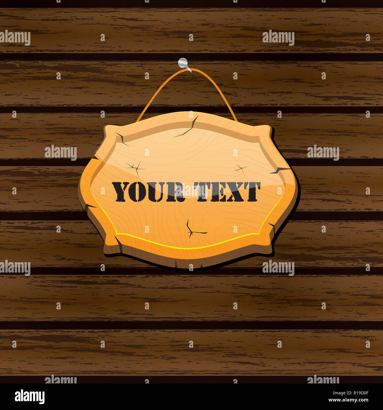 Wooden signboard, isolated on a dark wooden background, hung on a pole, vector realistic wood texture illustration. Old banner with a rope Stock Vector