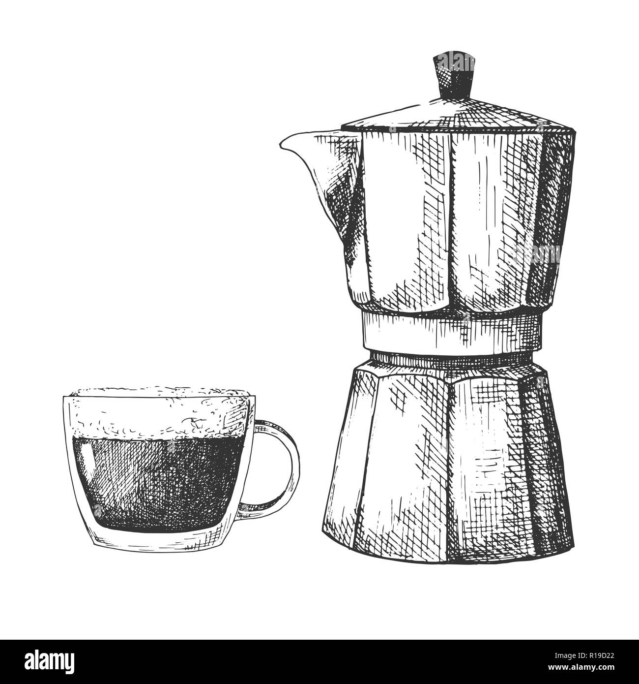 Sketch coffee maker. Coffee maker and mug isolated on white background Stock Vector Image & Art