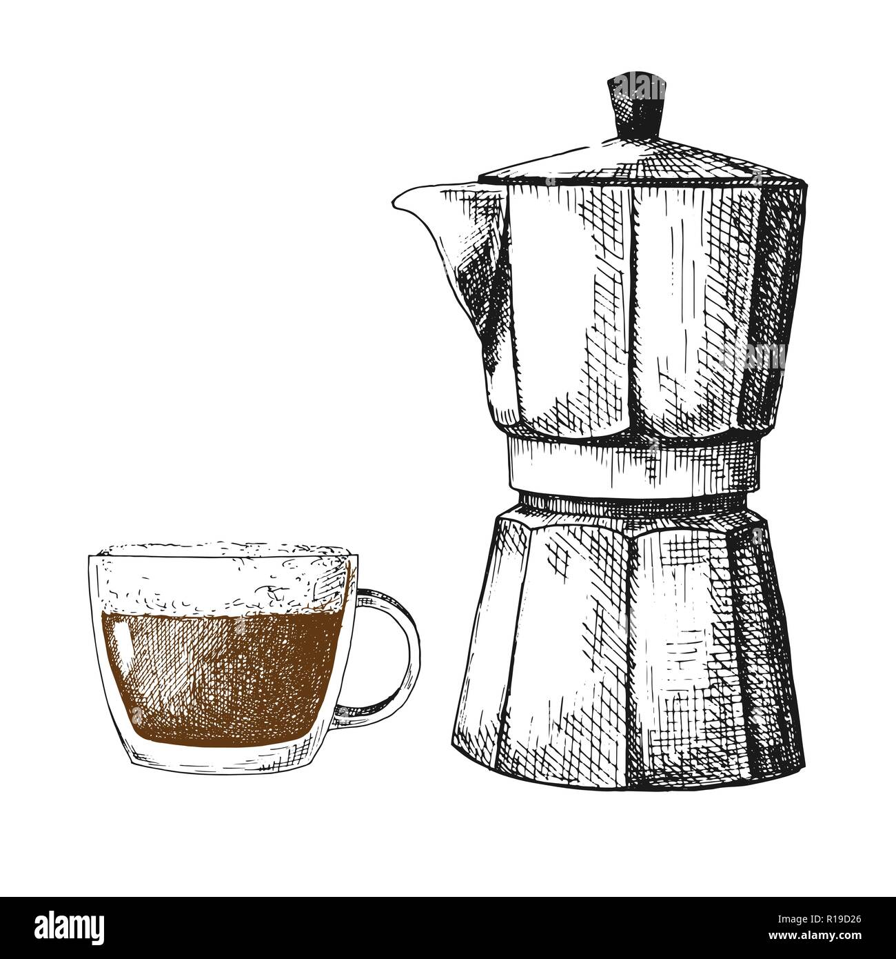 Sketch coffee maker. Coffee maker and mug isolated on white background