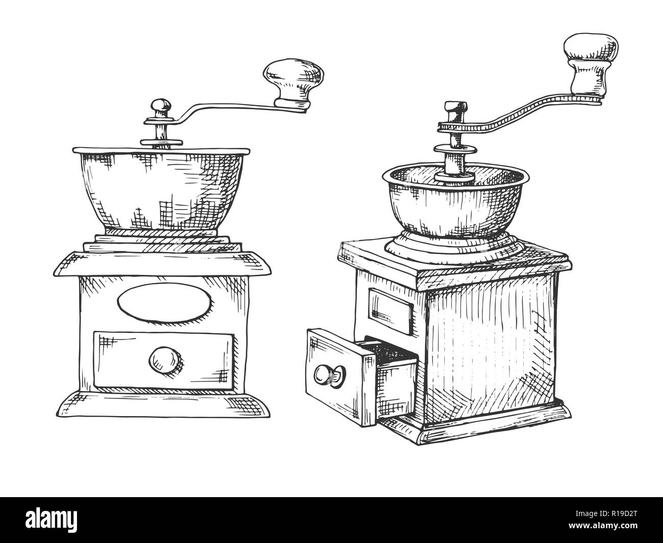 Retro manual coffee grinder or mill sketch in vintage style. Stock Vector