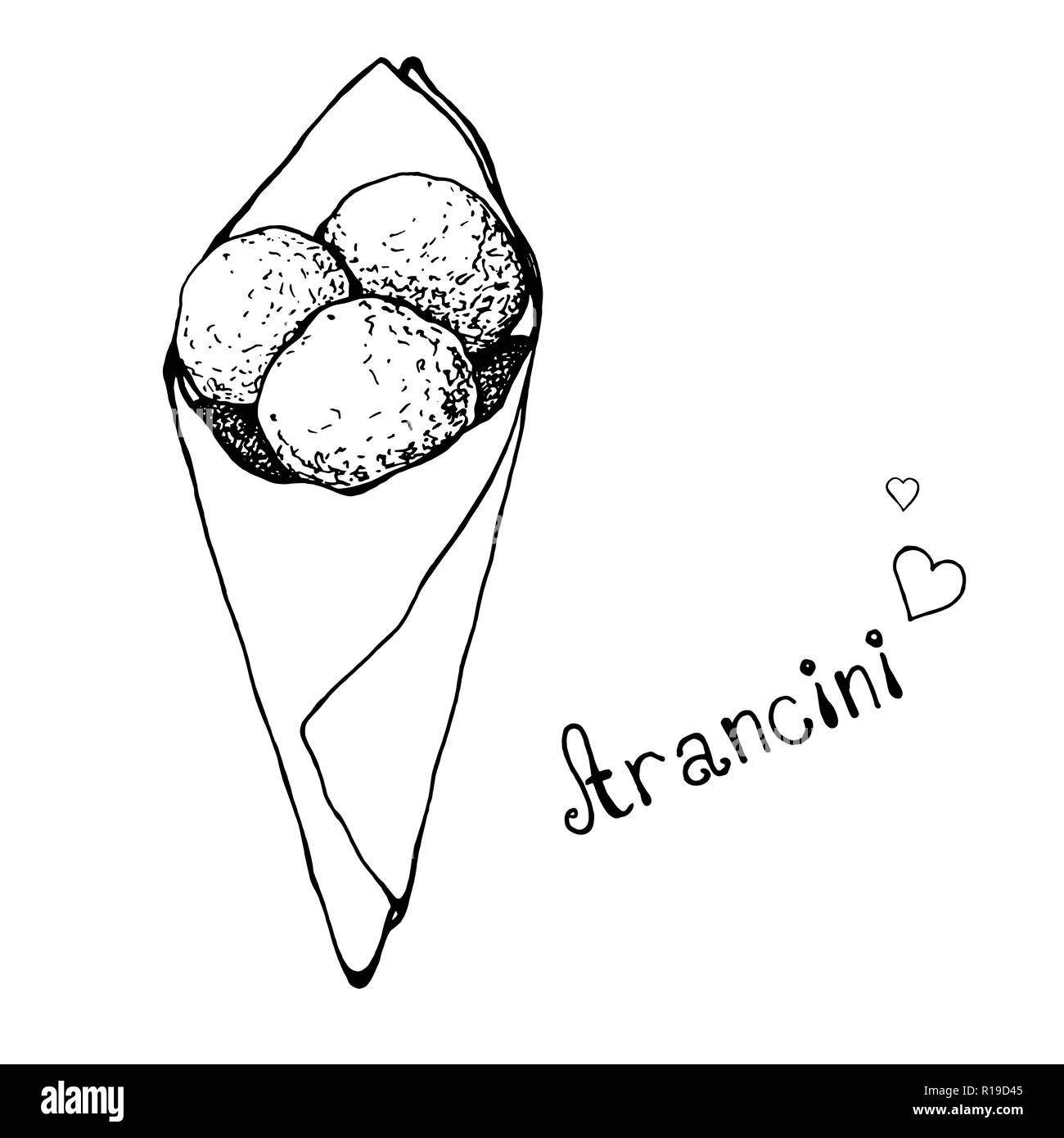 Sketch aranchini in a paper bag. Italian Cuisine. Vector illustration. Stock Vector