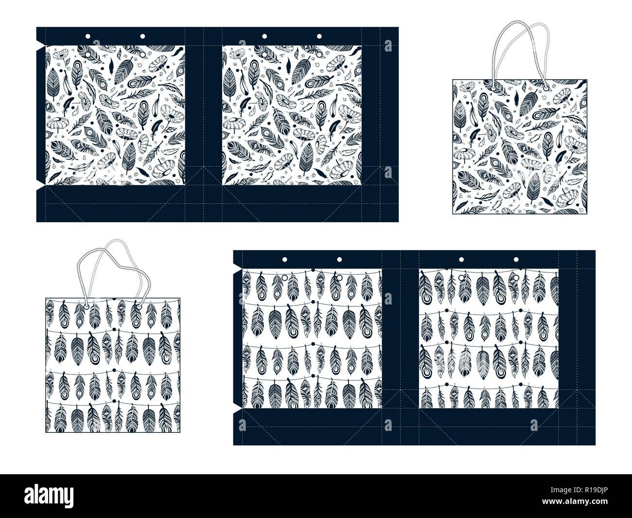 Template paper gift package. Background with feathers, leaves and other elements. Vector illustration. Stock Vector
