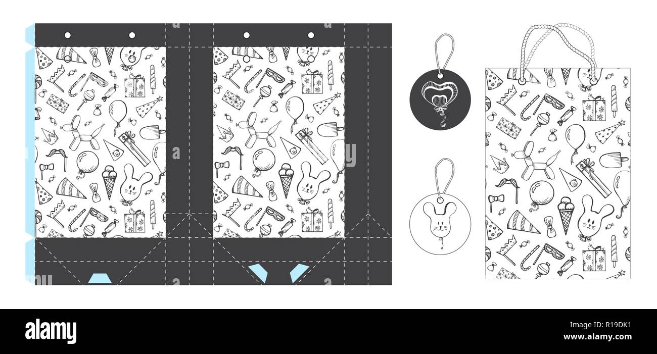 Template paper gift package. Background with holiday attributes. Vector illustration. Stock Vector