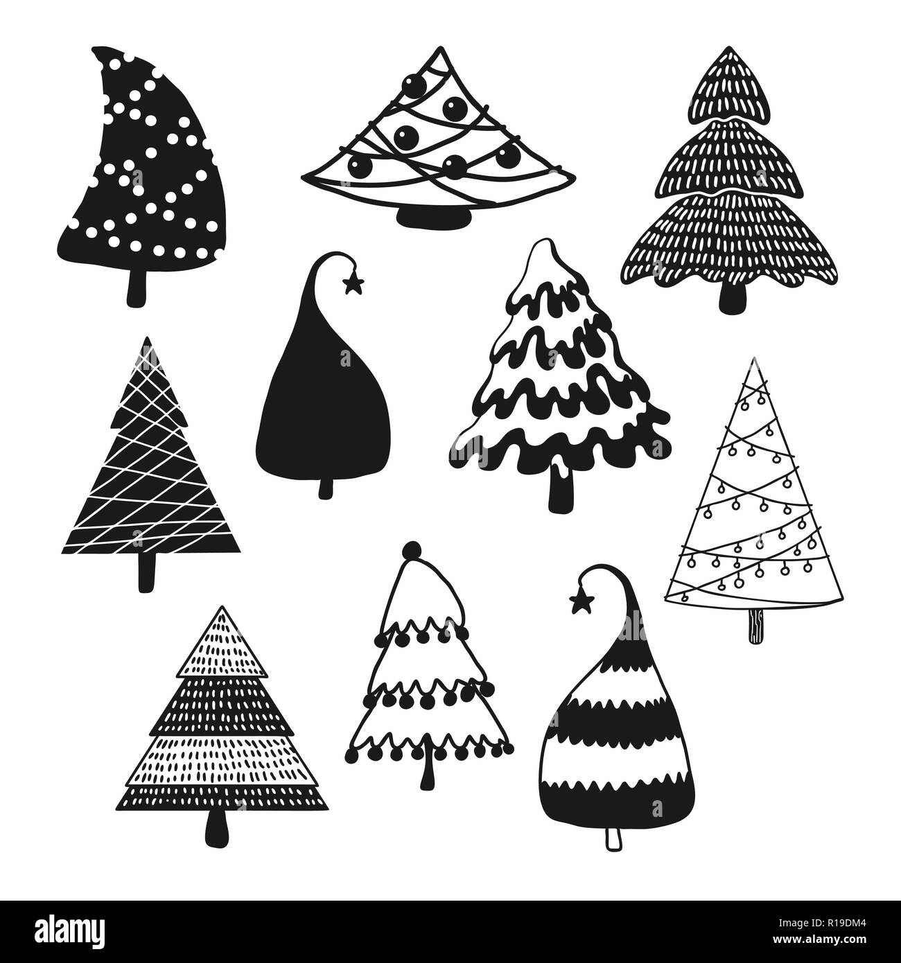 Set of decorative Christmas trees. Vector illustration in sketch style ...