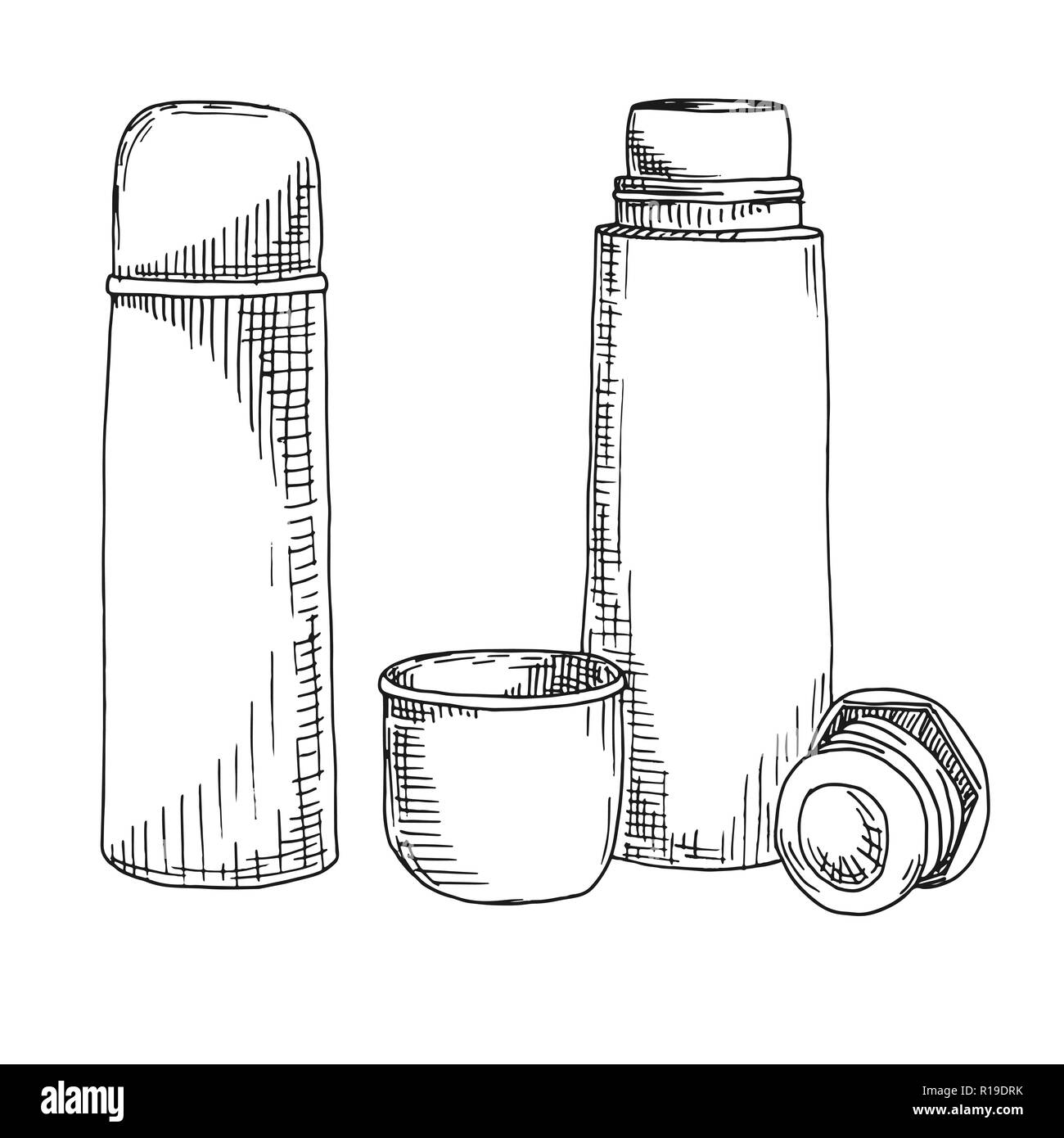 Sketch of a thermos. Vector illustration. Isolated on white background