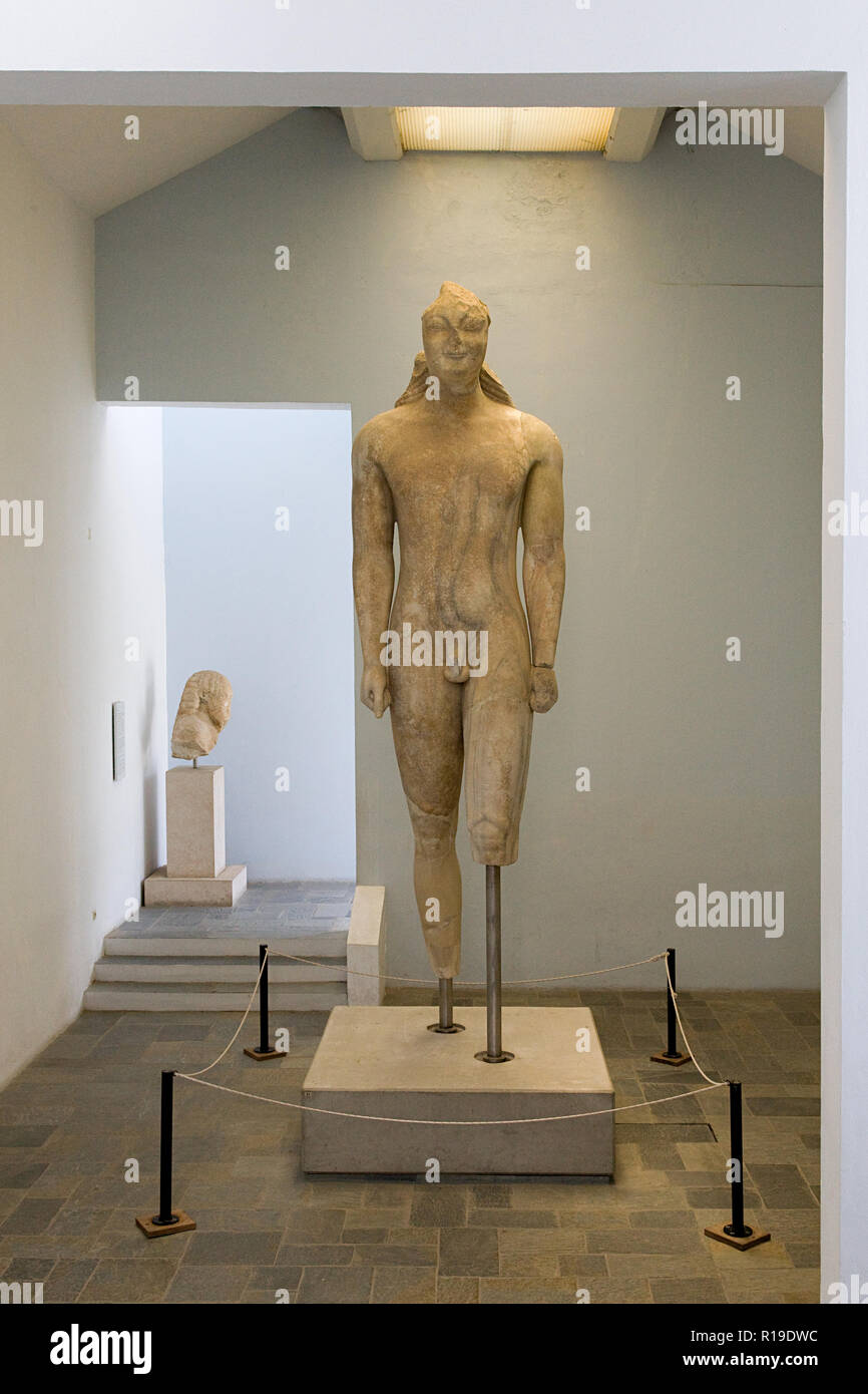 Kouros, ancient Greek sculpture of the archaic period, in the Archaeological museum of Vathy, in Samos island, Aegean sea, Greece. Stock Photo